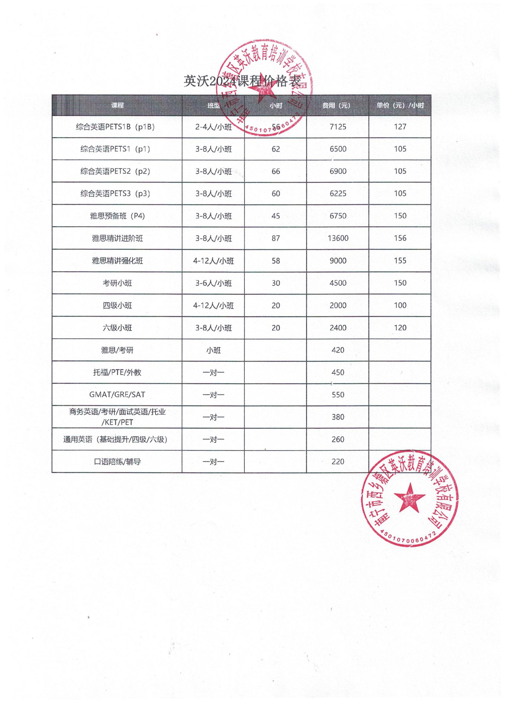 2024英沃教育价格公示